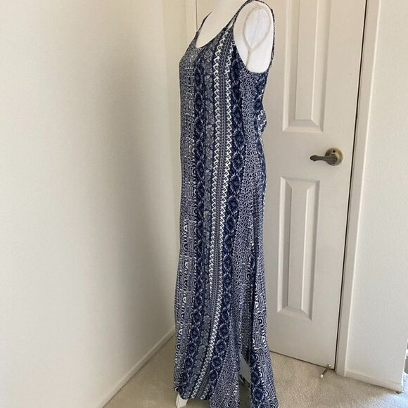 Honolua Wahine Sz Med Maxi Dress Blue White Native Print Side Splits - Picture 4 of 9